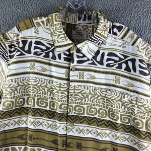 Quiksilver Waterman Button Shirt Mens XL Beige Tiki Hawaiian Print Comfort Fit - Picture 1 of 11