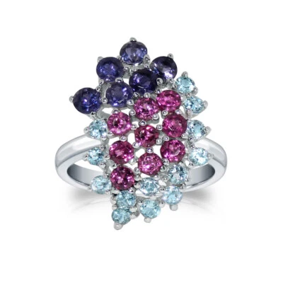 Anillo de plata de ley con racimo de zafiro rosa y aguamarina azul, rosa talla 7 Foto 1 de 4