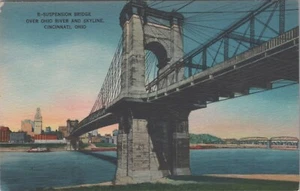 c1930s Postcard Cincinnati OH Ohio River Suspension Bridge Skyline 5037.4 MR ALE - Picture 1 of 6