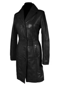 Women Black & Red Real Cowhide Leather Gothic Metrix Style Ladies Trench Coat - Picture 1 of 14