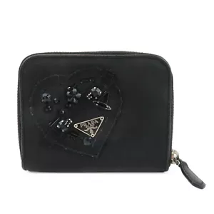 Authentic PRADA Logo Leather Round Zip Wallet Bijou Black Used F/S - Picture 1 of 24