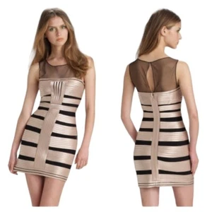 BCBG MAXAZRIA Mini Dress Fitted Champagne Black Feminine Romantic Dress Sz 6 - Picture 1 of 9