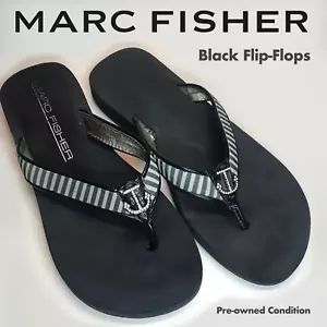 Marc Fisher Black Flip-Flops Anchor Sailor Rhinestone Striped Straps, Size 9-ish - Picture 1 of 5