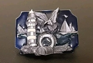 Vtg 1988 Siskiyou USA Lighthouse Seagull Boat Nautical Ocean Scene Belt Buckle - Picture 1 of 6