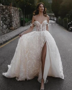 Atemberaubend Korsage Spitze Brautkleid Rockschlitz 32-60 Maßgeschneidert Ärmel - Imagen 1 de 10