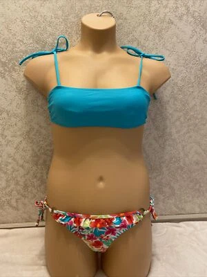 Rampage/Forever 21 Bikini Multicolor Floral Ruffle Beaded Bottom Blue Top Medium - Image 1 of 4