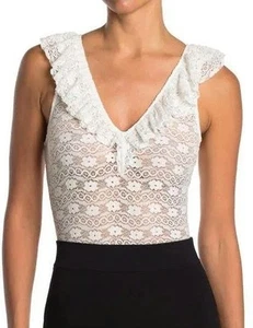 Maje Bodysuit Lodi White Lace Ruffle V- Neck Sleeveless Size 3 US (L) NEW - Picture 1 of 14