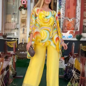 Summer New Colorful Chiffon Suit Casual Round Neck Printed Two-piece Suit - Picture 1 of 12