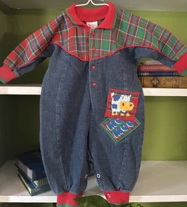 Rare Vintage 90’s Buster Brown One Piece Romper Cow Moo Color Block Plaid USA - Picture 1 of 10