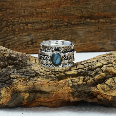 Gradevole Pietra Labradorite 925 Argento Sterling Girevole Handmade Anello Tutti - Immagine 1 di 3