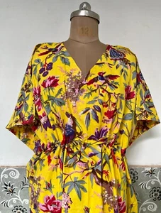 Indian Yellow Bird Printed Kaftan Summer Bikini Cover-up Maxi Beach Kaftan US - Picture 1 of 6