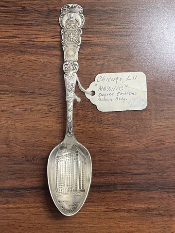 Chicago Illinois Masonic Building Souvenir Spoon Sterling Antique Engraved Cover