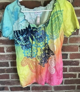 Peaches Scrubs Uniform Tie-Dye Butterfly Colorful Paisely Top Boho Hippie Med - Picture 1 of 8