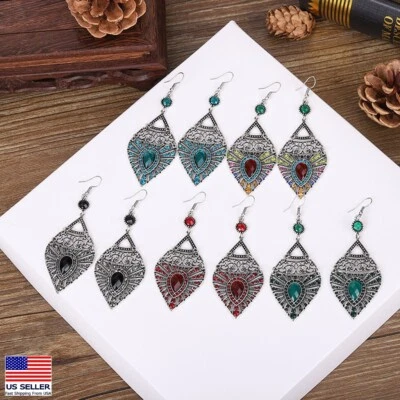 Gorgeous Women Vintage Bohemian Earrings Crystal Big Teardrop Heart Tassel 1507 - Image 1 of 4