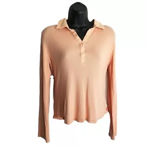 American Eagle Peach Ribbed Long Sleeve Henley Polo Large Y2K Preppy Soft Girl - Picture 1 of 9