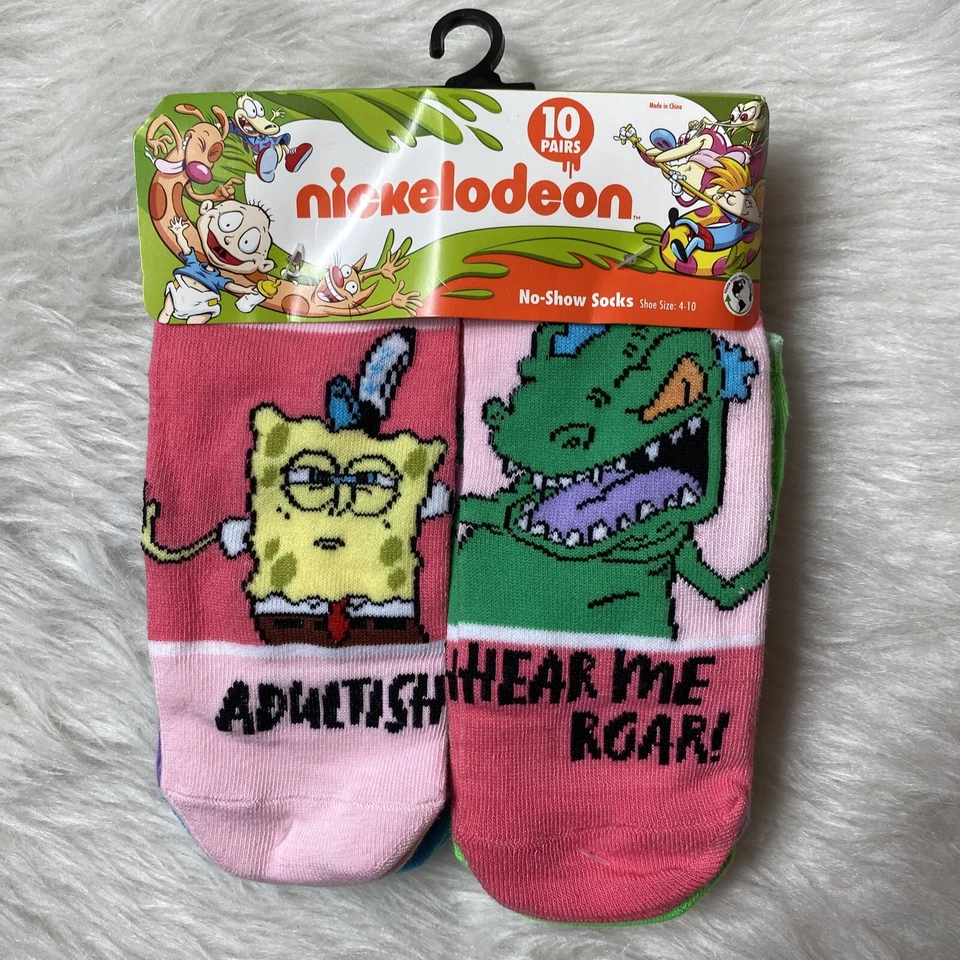 Nickelodeon 10 Pairs No-Show Socks - Rugrats - CatDog - Hey Arnold - Spongebob