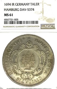 German States Hamburg 1694 Taler Coin Thaler NGC MS 61 VZ/F.STG UNC D 5374 RARE - Picture 1 of 3