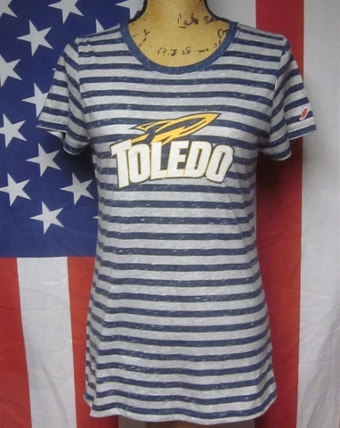 UNIVERSITY OF TOLEDO juniors large T shirt retro Rockets sexy tee Ohio stripes Cover