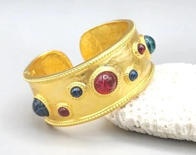 Kenneth Jay Lane Brazalete Ancho Bisagras Multicolor Remolino Cabujón Tono Dorado Foto 1 de 4