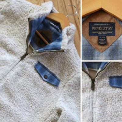 Chaqueta de peluche PENDLETON XL Sherpa a cuadros mezcla de lana ribete en contraste cremallera completa Foto 1 de 4