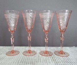 True VTG Crystal Glass Pink Beveled Etched Wine Glasses Set of 4 - 7" Tall - Picture 1 of 12
