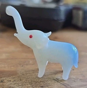 Vintage Miniature White And Blue Glass Elephant w red Eyes 2" - Picture 1 of 5
