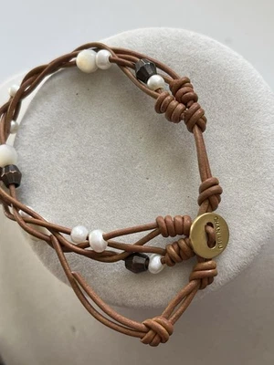 Chan Luu Adjustable Wrap Real Pearl Beaded Brown Leather Bracelet Sundance 8” - Image 1 of 3