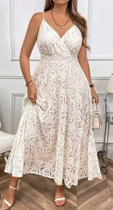 New BEAUTIFUL M 12 White Lace COCKTAIL DRESS Nude Lining PARTY FLORAL Brocade #8 - Picture 1 of 14