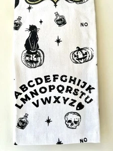2 HALLOWEEN SPIRIT BOARD KITCHEN TOWELS BLACK WHITE CAT SKULL PLANCHETTE STARS - Picture 1 of 11