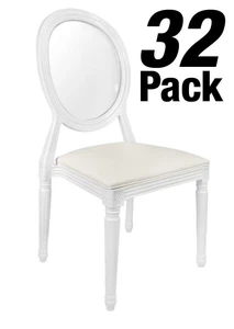 32 Chair Pack White Resin Louis Pop Chair Clear Back and White Vinyl Seat - Picture 1 of 9