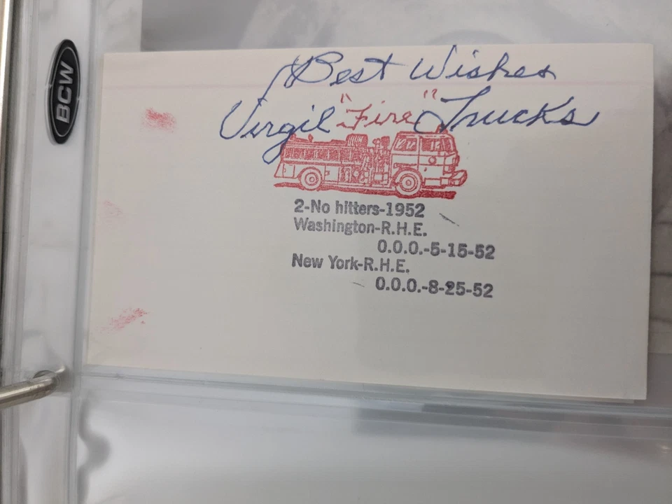 VIRGIL FIRE TRUCKS SIGNED 3X5 INDEX CARD 2 NO HITTERS 45 60 WS CHAMP ALLMAN BROS - Image 1 of 1