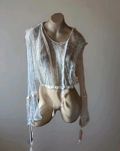 Antique Edwardian Sheer Swiss Dot Lace Silk Velvet Ribbon Blouse Top XXS - Picture 1 of 14