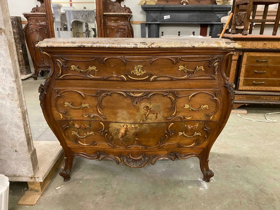 НЕВЕРОЯТНЫЙ 1880-Х СТАРЫЙ ИТАЛЬЯНСКИЙ АНТИКВАРНЫЙ ОРЕХОВЫЙ РАСПИСНОЙ ХЕРУВИМ КОМОД - 13IT49B - Изображение 1 из 1