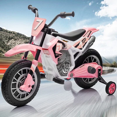 Pink 12V Kids Ride on Motorcycle Dirt Bike Girls Gift with Training Wheels - Image 1 of 4