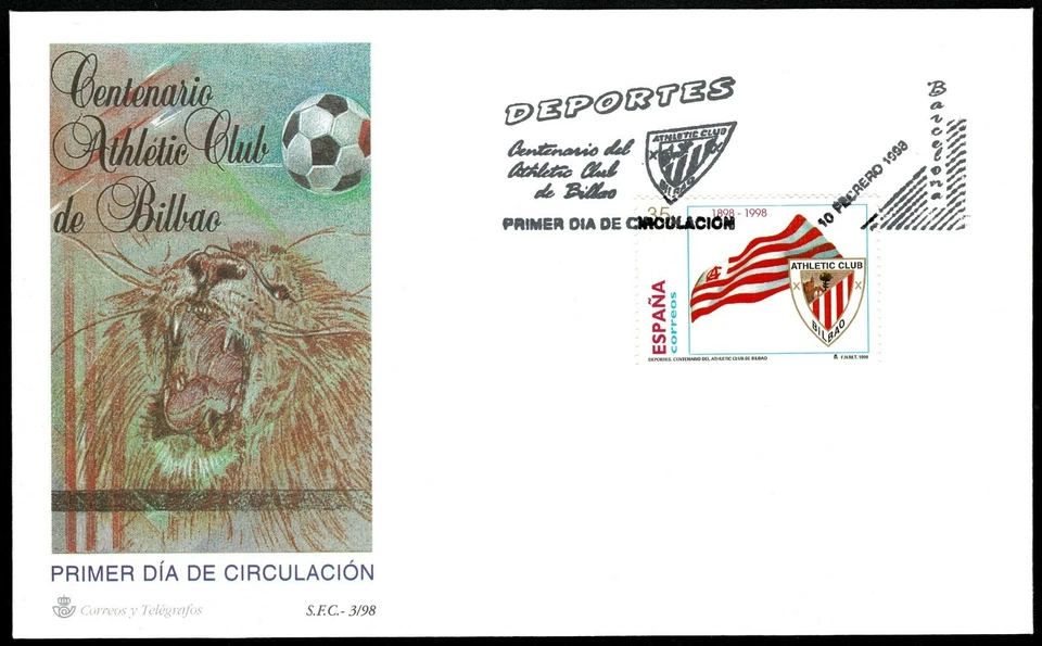 Sobre primer día sellos España 1998 Edifil 3530 Deportes Atletic Club Bilbao  - Imagen 1 de 1