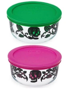 Pyrex 4 Cup Halloween Trick or Treat DEAD SKULLS GARDEN Choose: PINK or GREEN - Picture 1 of 6