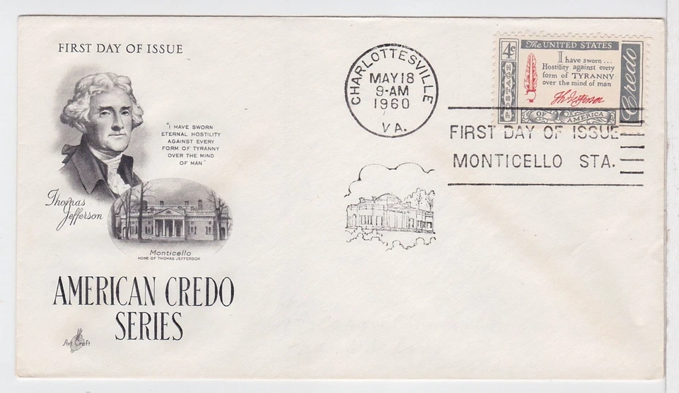 TurtlesTradingPost - Thomas Jefferson Credo 1960 #1141 FDC - Artcraft Cachet - Image 1 of 1