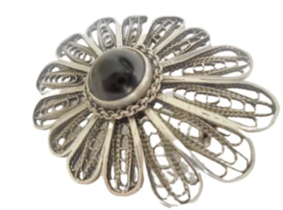 SPILLA o CIONDOLO IN ARGENTO 925 FLOWER BROOCH pendant filigree with green agata - Immagine 1 di 4