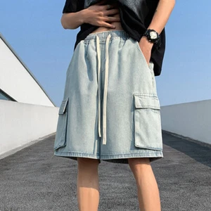 Men Cargo Drawstring Jeans Shorts Elastic Waist Denim Half Pants Trousers Casual - Picture 1 of 16