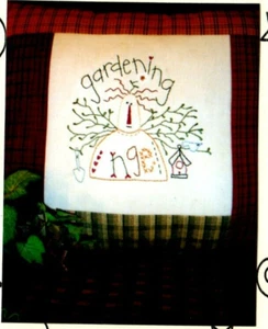 Gardening Angel Pillow Stitchery Pattern Primitive Embroidery Branches Birdhouse - Picture 1 of 3
