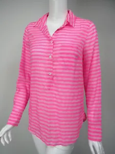 J CREW Hot Pink Stripe Cotton Silk 1/2 Button Popover Shirt sz 4 50352 - Picture 1 of 3