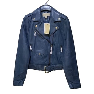NWT Michael Kors Women's Lamb Leather Moto Jacket Belted Dark Chambray Blue XS - Picture 1 of 11