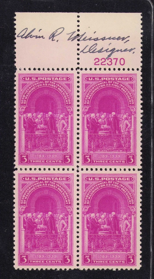 1939 US SC 854 Washington Inauguration Plate Block of 4 Signed by Alvin Meissner - Image 1 of 3