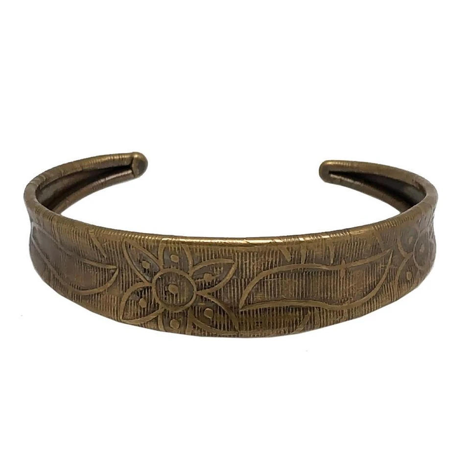 Artisan Handcrafted Banjara Flower Etched Plated Brass Cuff Bracelet Gold Color - Image 1 of 1