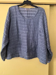 FLAX Long Sleeve Linen Shirt, Navy/White Woven Stripe, Size 3G Plus, NWOT $130 - Photo 1 sur 5