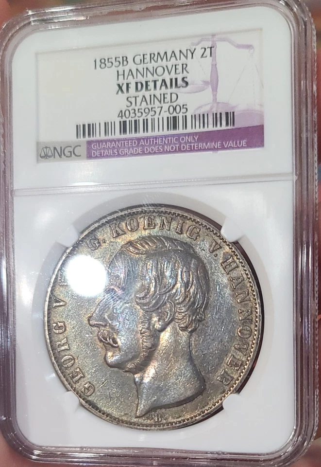 1855 B Alemania Hannover 2 Taler Thaler 3,5 florines NGC XF detalle hermoso tono Foto 1 de 2