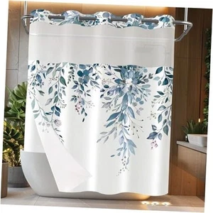 Blue Eucalyptus No Hook Shower Curtain with Snap in Liner Watercolor Floral - Picture 1 of 8