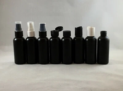 Botellas redondas Cosmo de HDPE negras de 2 oz elige el tamaño del lote, pulverizador, tapa superior de disco, pulverizador  Foto 1 de 2