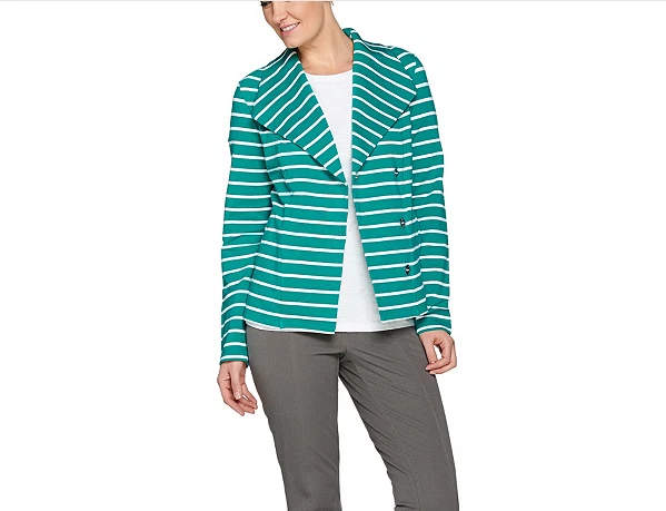 Isaac Mizrahi Live! Striped French Terry Knit Motorcycle Jacket-Teal Green-Small - Image 1 of 1