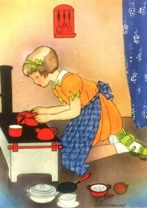 Vintage Willy Schermele Postcard Dutch Artist Actress Girl Playing Tea Party 